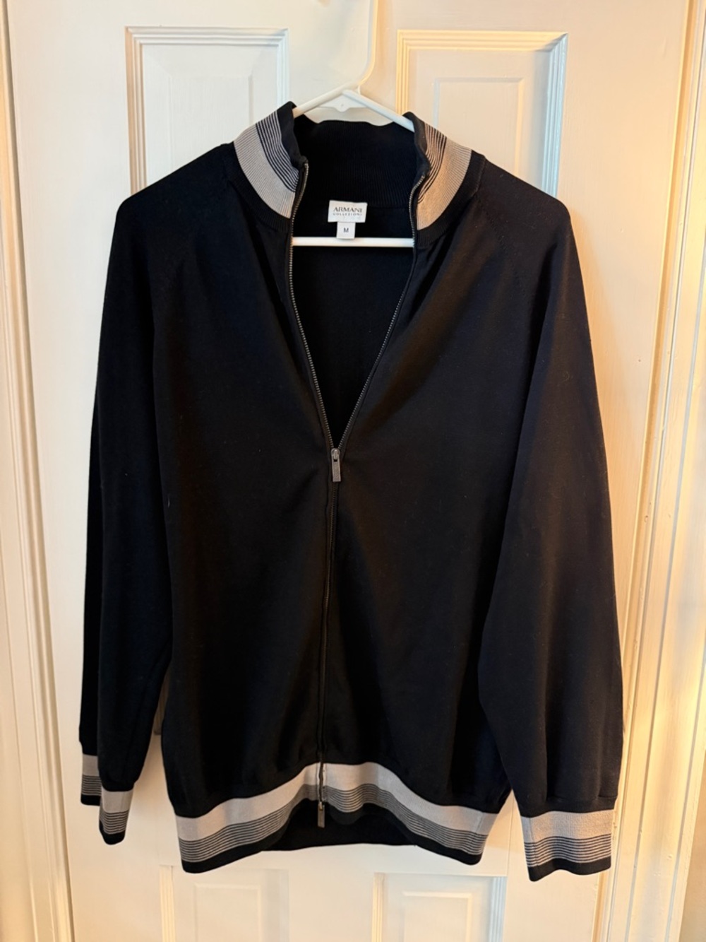 Armani Collezioni Black Zip-Up Cardigan Jacket with Gray Trim | Med